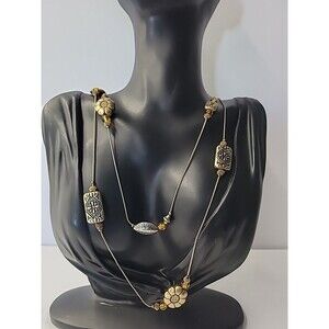 Long‎ Gold Tone Beaded Necklace Boho Tribal Etched Station Brown Glass Beads